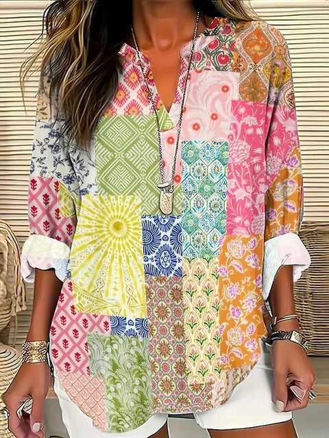 Small V-neck long-sleeved floral simple casual temperament T-shirt m302763