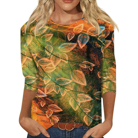Seven-quarter sleeve plant flower 3D printing crew neck pullover m300615
