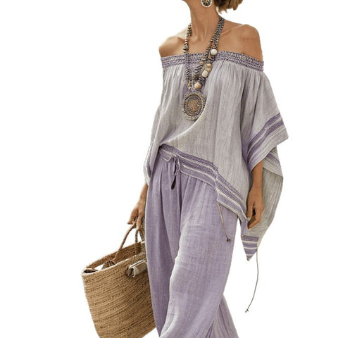 Summer new retro elegant vacation style purple literary loose fashion casual top wide leg pants set m302043