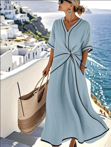 V-neck women's fashion elegance commuter ladies printed striped dress print ladies print ladies m302355