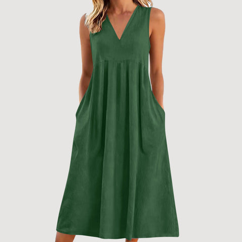 Solid color pullover V-neck sleeveless cotton loose dress m302773