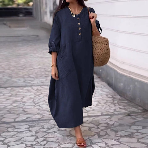 Women's Solid Color Crew Neck Cotton and Linen Long Sleeve Casual Double Pocket Button Long Dress m302717
