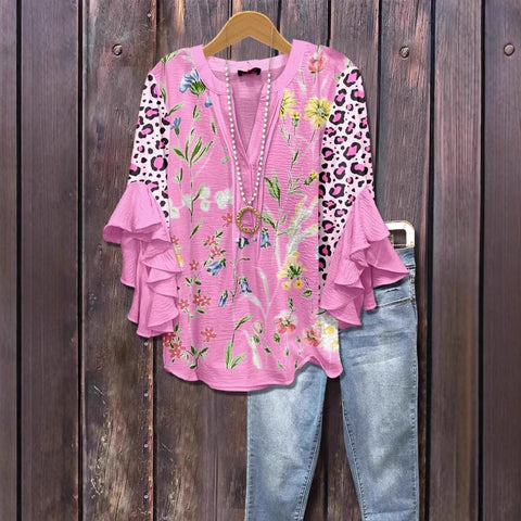 Creative floral element printing digital printing casual trend V-neck lotus edge T-shirt women's top m301778