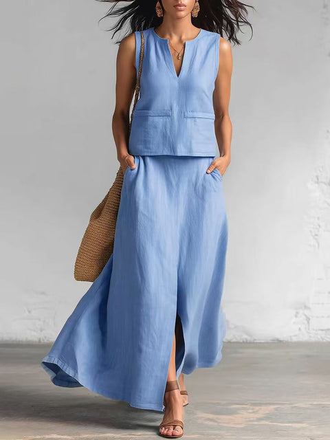 Sleeveless solid cotton and linen V-neck sleeveless top casual cross-body pocket skirt set m302507
