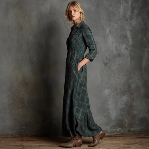 Temperament elegant long-sleeved plaid shirt skirt fashion plaid shirt collar dress m302504