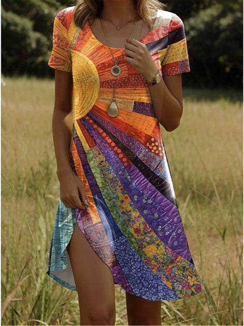 Versatile polka dot flower short-sleeved round neck medium and long skirt m302614