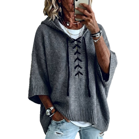 Strap-on hooded 7-point sleeve knitted sweater lazy loose pullover sweater m303004
