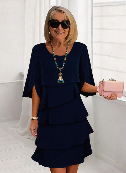 Fashion solid color round neck cake skirt splicing dress women's m302730