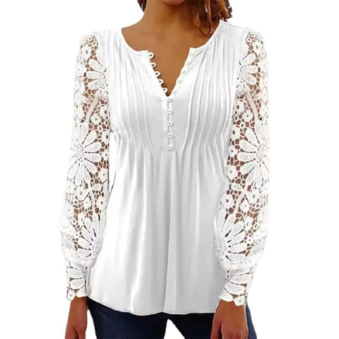 Lace Sleeve Pleated Solid Color Button T-Shirt Bottom Shirt m301333