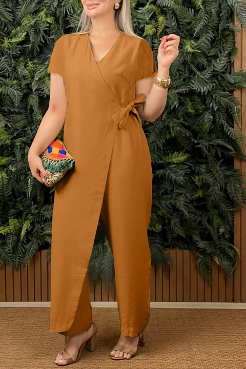 Solid color casual V-neck strap jumpsuit m303023