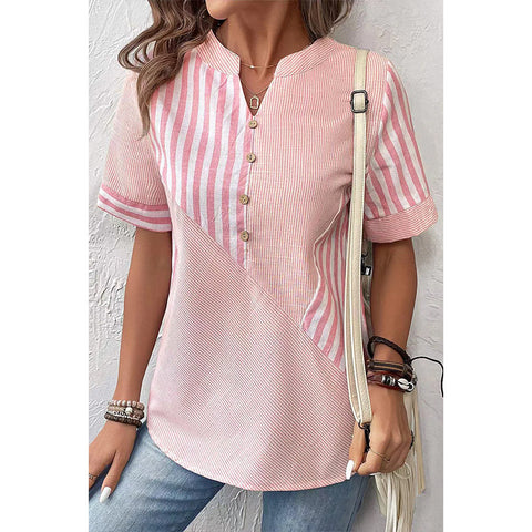 Women's open V-neck shirt asymmetrical striped splicing cotton and linen top m302709