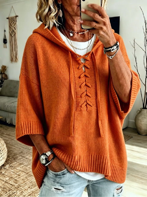 Strap-on hooded 7-point sleeve knitted sweater lazy loose pullover sweater m303004