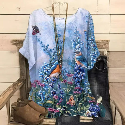 Loose round neck short-sleeved cotton and linen top women's m301281