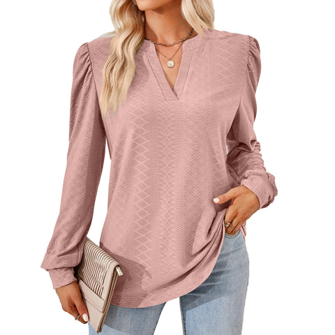 Solid color V-neck jacquard long-sleeved loose T-shirt top m300402
