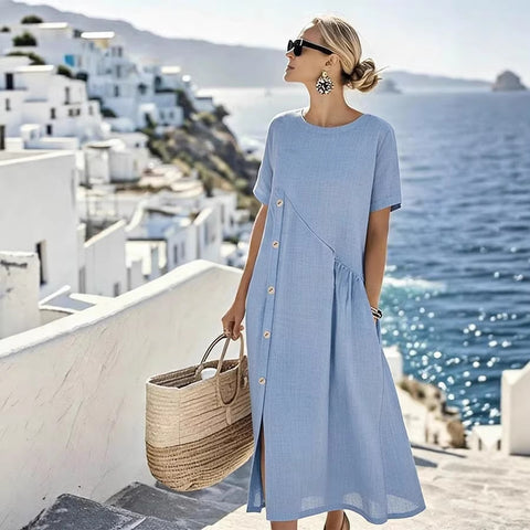 Casual button-down pocket mid-length dress m302438