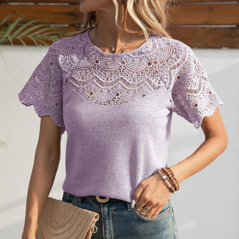 New European and American fashion crew neck lace splicing shoulder-plugged short-sleeved T-shirt top m302094