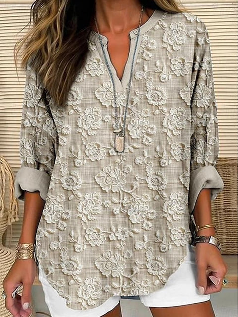 Small V-neck long-sleeved floral simple casual temperament T-shirt m302763