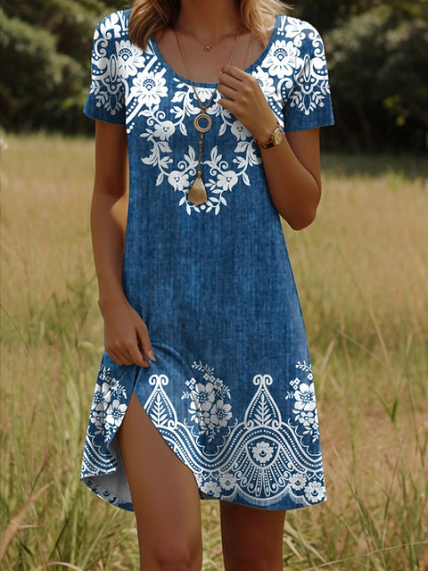 Versatile polka dot flower short-sleeved round neck medium and long skirt m302614