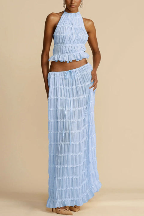 backless neck sling drawstring chiffon pleated long skirt two-piece set m301879