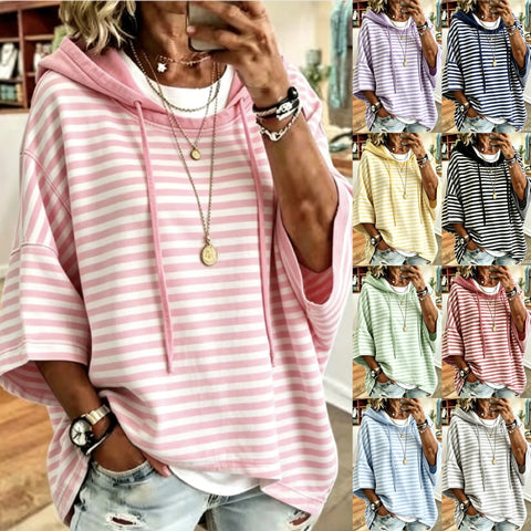 Women's new loose casual striped hooded seven-quarter-sleeved sweater pullover hoodie m302998