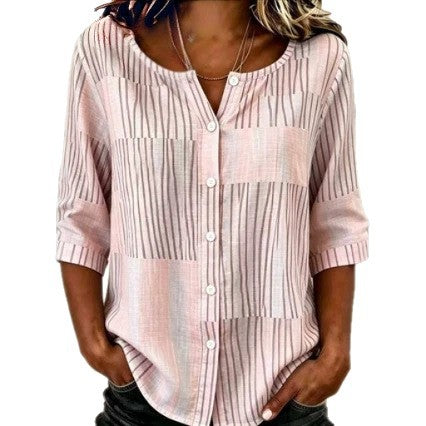 Cotton and linen shirt round neck seven-quarter sleeve single-breasted casual top m303032
