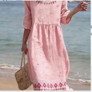 Women's medium and long sleeves side bag crew neck dress seaside vacation loose dress m302606