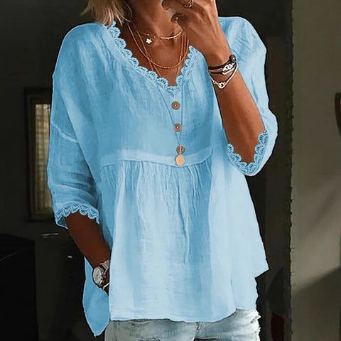 Casual seven-quarter-sleeved lace V-neck pullover multi-color women's top shirt m301420