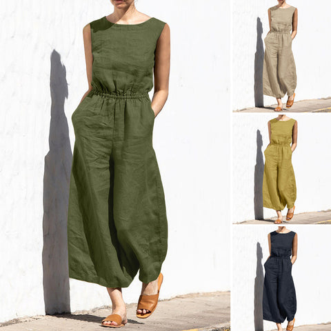 Summer solid color high waist sleeveless trousers women's fashion casual loose temperament jumpsuit m301893