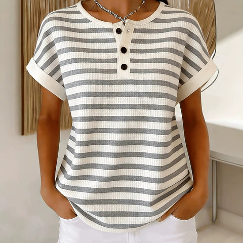Waffle striped print design crew neck button-up placket casual top m303050