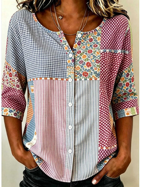 Women's Top Printed Casual Short Sleeve Collarless Shirt m303047
