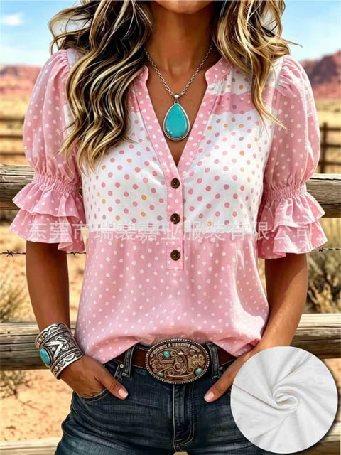 V-neck three-button top digital print horn-sleeved shirt FF303334