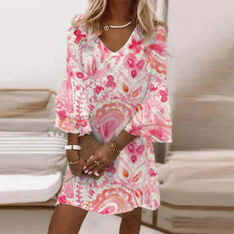 Printed V-neck 3/4 sleeve mini ladies dress m300699