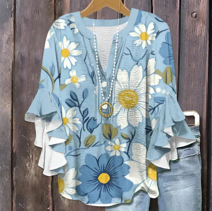 Digital printing casual trend V-neck lotus edge T-shirt women's m302725-2