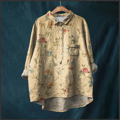 Long Sleeve Bamboo Linen Printing Fashion Versatile Lapel Shirt m301040