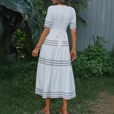 Long skirt short sleeve casual V-neck embroidered women's clothing m301524