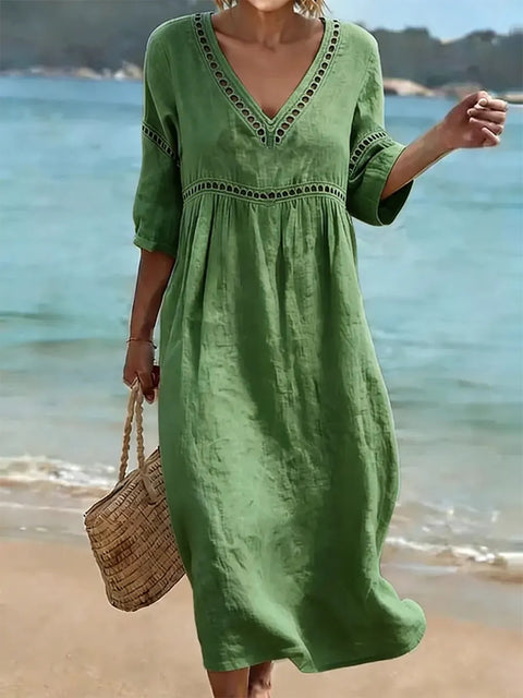 New elegant casual V-neck solid color medium-sleeved women's dress m303026