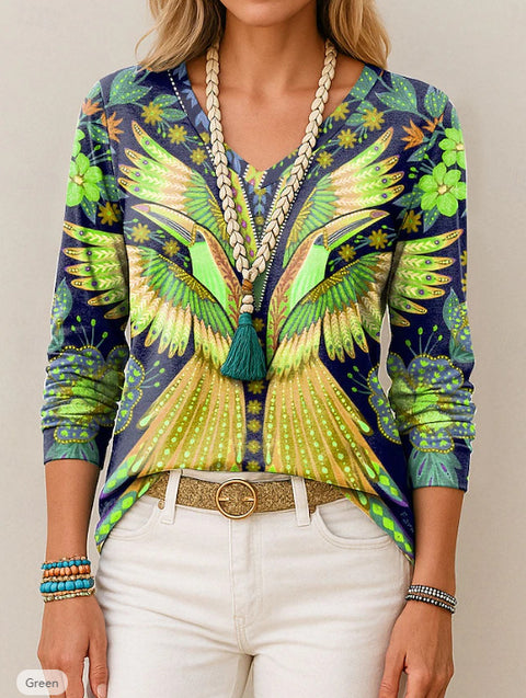 Printed loose long-sleeved V-neck T-shirt m301566