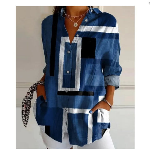 3D digital printing abstract pattern women's long-sleeved buckle linen shirt m302749-01
