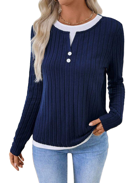 Fake two-piece crew neck button pullover polished long-sleeved T-shirt m302169