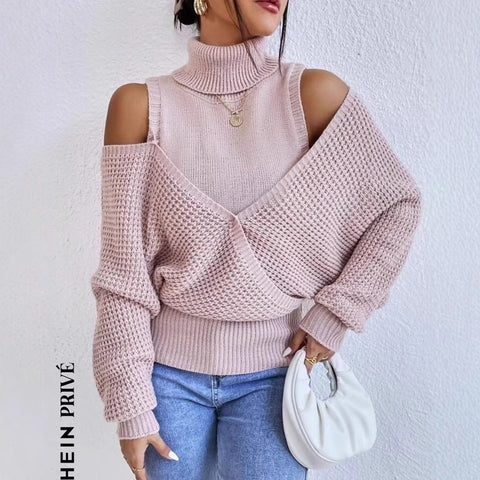 Autumn and winter turtleneck off-the-shoulder sweater, gentle wind, high-end sense, solid color knitted double-layer design sense, long-sleeved women's clothing m301923