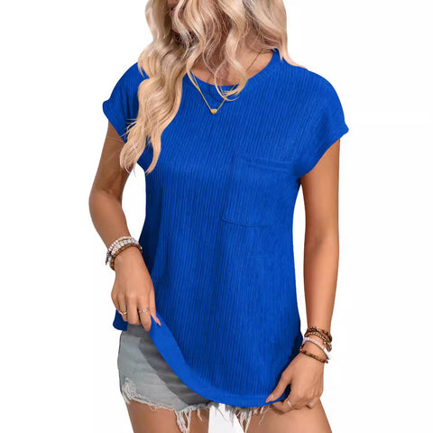 New Casual Crew Neck T-Shirt Top Pocket Women's m300986