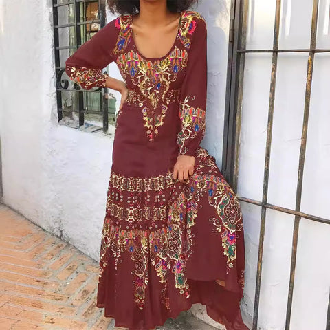 Temperament elegant long-sleeved dress autumn printing U-neck seaside vacation style long dress m300927