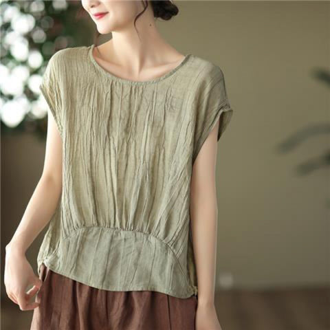 Vintage twisted pleated pendulum tencel ramie top femininity short-sleeved literary jumper m302056