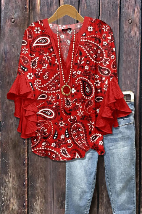 Creative floral element printing digital printing casual trend V-neck lotus edge T-shirt women's top m301778