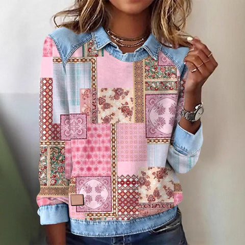 Lapel top imitation denim sweater long-sleeved women's top m302160