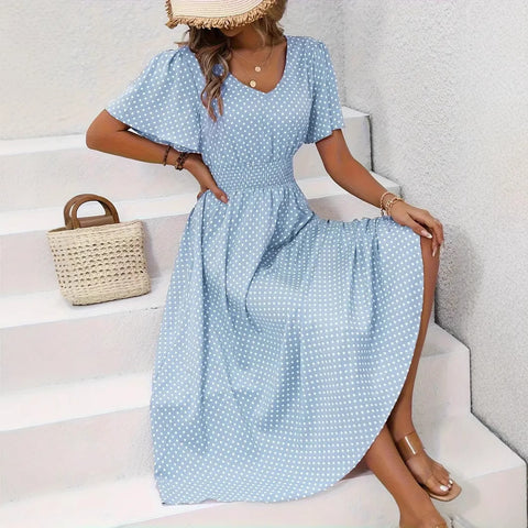 Hot Sale V-Neck Polka Dot Pullover Casual Dress m302656