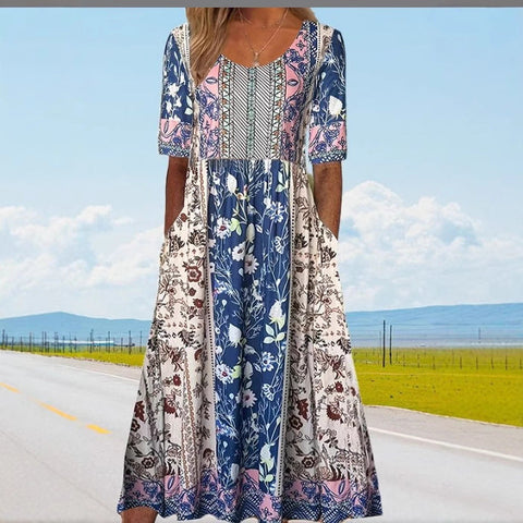 Up and down splicing pocket size printing large wide dress m302623