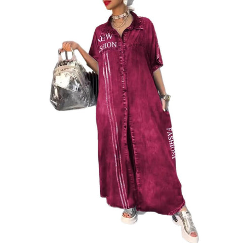 Women's casual dress letter print lapel cardigan long dress m302307