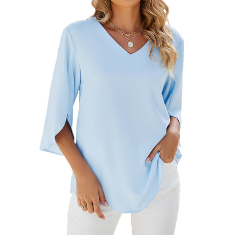 Solid color V-neck medium-sleeved loose chiffon shirt women's top m301658