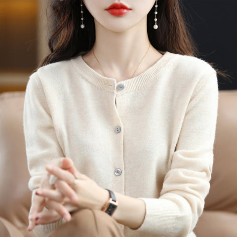 Knitted cardigan early spring crew neck sweater women's long-sleeved solid color versatile jacket women's m301748